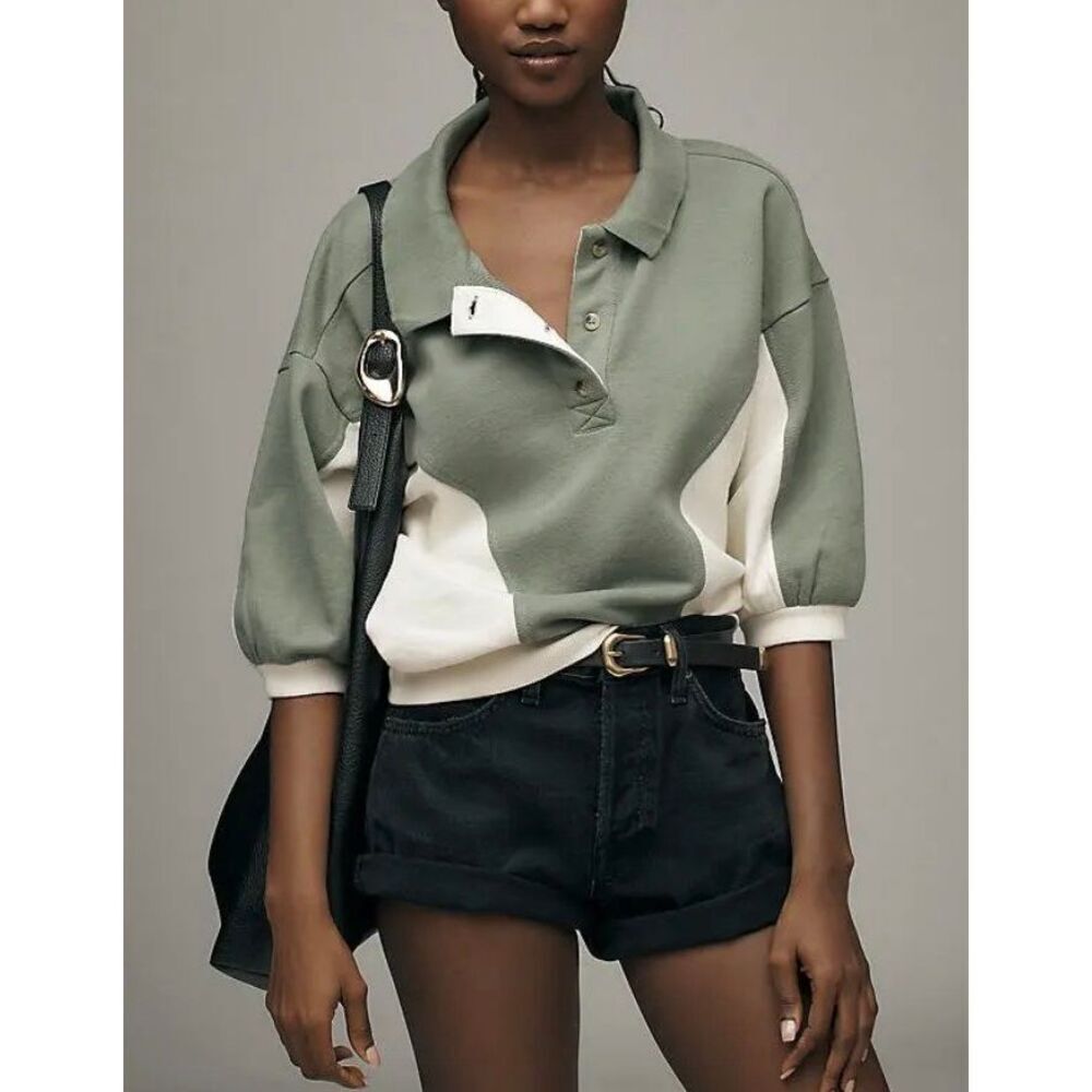 Anthropologie Olive Green and Cream Colorblock Polo Sweatshirt